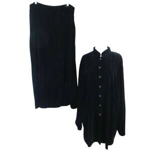 Vintage 90s Y2K Black Velvet Skirt Set Tunic SILK Blend Mandarin Collar Plus 22W